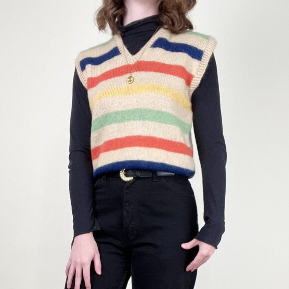 Vintage 1970s Hand Knit Wool Sweater Vest Oversized Preppy Nautical Eclectic 70s - Picture 1 of 8
